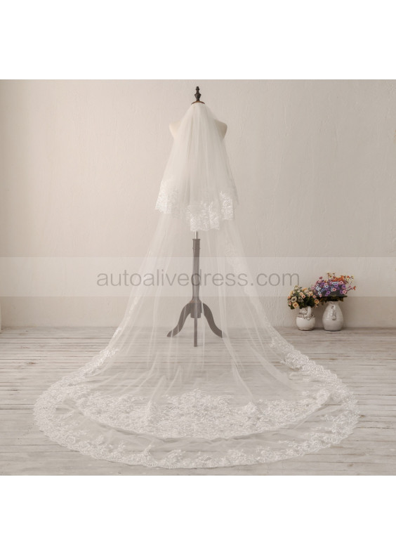 Ivory Fairy Lace Cathedral Wedding Veil Two Tier Bridal Veil